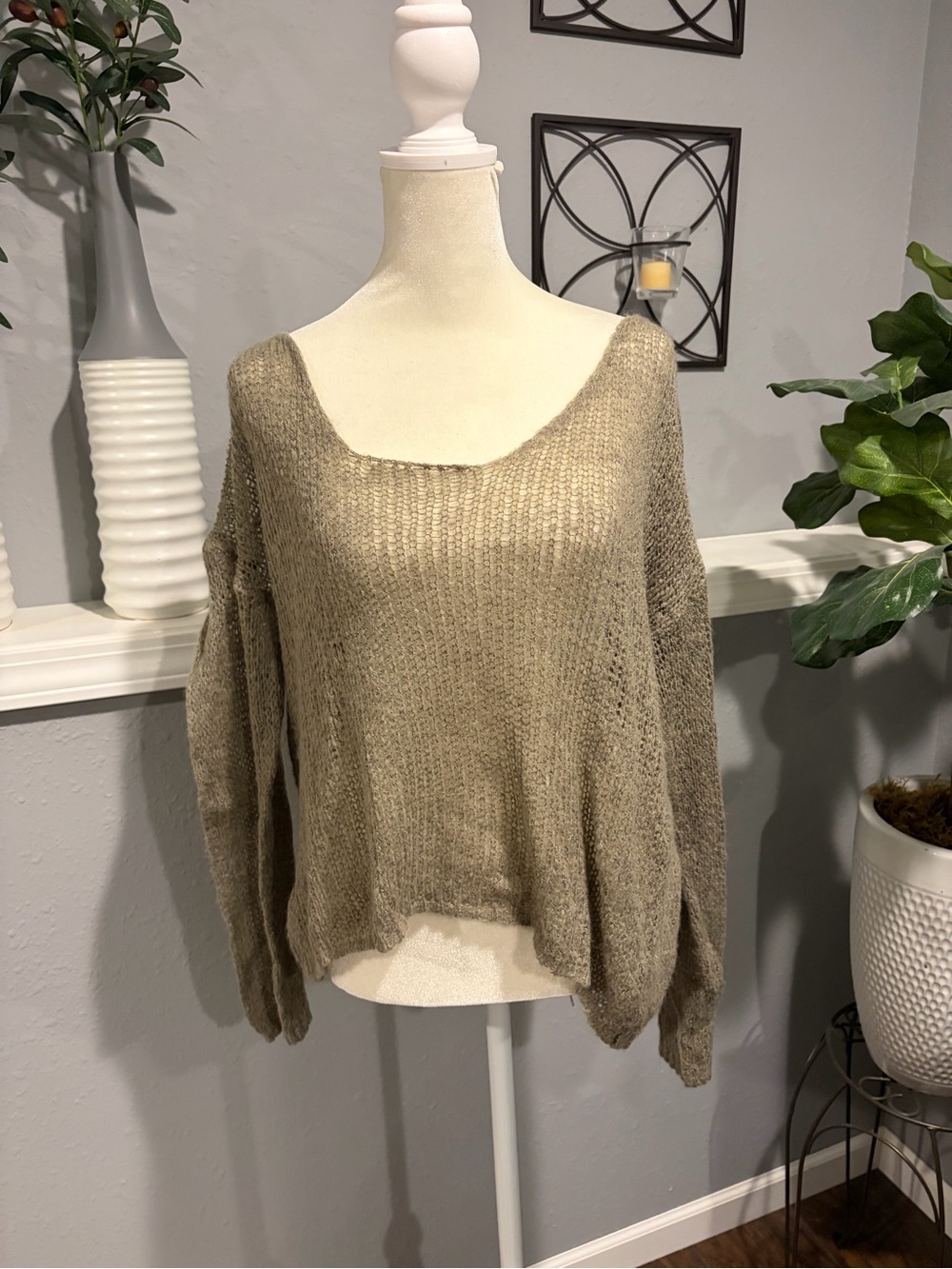 Source Unknown Taupe Green Off-Shoulder Knit Sweater